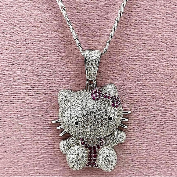 Silver Iced Out Hello Kitty Charm Pendant Necklace 3D Full Body - Picture 4 of 5